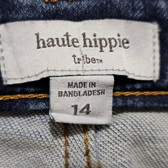 Haute Hippie Tribe Women's Denim Bermuda Shorts Size 14 Frayed Hem Stretchy Cott - Picture 3 of 9